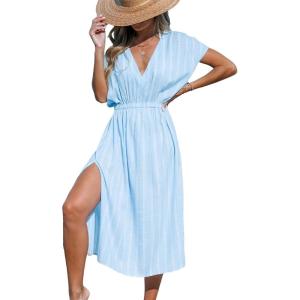 CUPSHE Women Beach Cover Up V Neck Short Sleeve Striped Midi Swimsuit Coverup Dress XS-XXL(Light Blue)