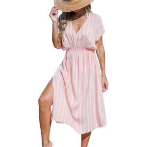 CUPSHE Women Beach Cover Up V Neck Short Sleeve Striped Midi Swimsuit Coverup Dress XS-XXL(Light Pink)