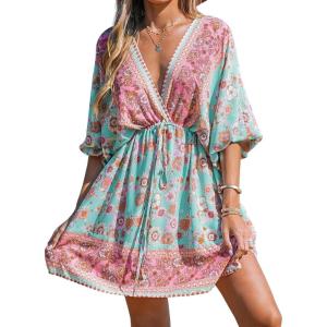 CUPSHE Women Casual Boho Sundress Summer Floral Print Tie Front Dress 3/4 Sleeves Paisley Beach Mini Dresses(Blue)