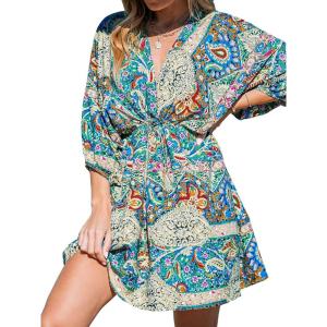 CUPSHE Women Casual Boho Sundress Summer Floral Print Tie Front Dress 3/4 Sleeves Paisley Beach Mini Dresses(Dark Blue)
