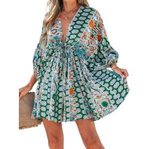 CUPSHE Women Casual Boho Sundress Summer Floral Print Tie Front Dress 3/4 Sleeves Paisley Beach Mini Dresses(Green)