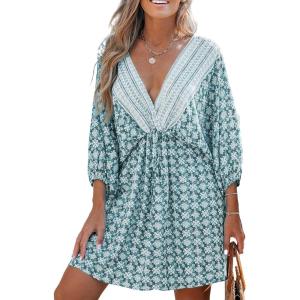 CUPSHE Women Casual Boho Sundress Summer Floral Print Tie Front Dress 3/4 Sleeves Paisley Beach Mini Dresses(Light Blue)