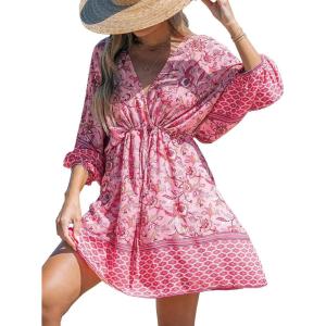 CUPSHE Women Casual Boho Sundress Summer Floral Print Tie Front Dress 3/4 Sleeves Paisley Beach Mini Dresses(Light Pink)