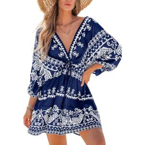 CUPSHE Women Casual Boho Sundress Summer Floral Print Tie Front Dress 3/4 Sleeves Paisley Beach Mini Dresses(Navy Blue)