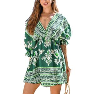 CUPSHE Women Casual Boho Sundress Summer Floral Print Tie Front Dress 3/4 Sleeves Paisley Beach Mini Dresses(Olive Green)