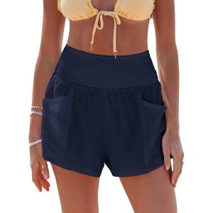 CUPSHE Women Coverup Shorts Smocked Waist High Rise Swimsuit Coverup Shorts with Side Pockets(Navy)