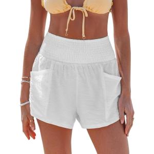 CUPSHE Women Coverup Shorts Smocked Waist High Rise Swimsuit Coverup Shorts with Side Pockets(White)