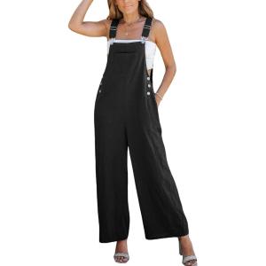 CUPSHE Women Fall Bib Overalls Cotton Adjustable Straps Wide Leg Square Neck Side Buttons Jumpsuit with Pockets(Black)
