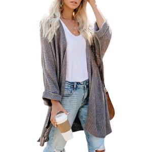 CUPSHE Women Fall Open Front Crochet Knit Lightweight Long Sleeves Casual Cardigan Sweaters(Grey)