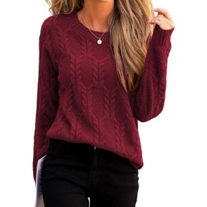 CUPSHE Women Fall Sweater Cable Knit Long Sleeve Crewneck Casual Winter Cozy Pullover Tops(Burgundy)