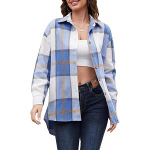 CUPSHE Women Long Sleeve Plaid Button Down Tops Casual V Neck Oversized Shirt Blouse(Blue)
