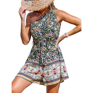CUPSHE Women Mini Romper One Shoulder Casual Floral Belted Jumpsuit Summer Overall Wide leg Outfit(Black Floral)