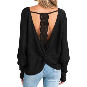 CUPSHE Women Open Back Long Sleeve Tops Trendy Going Out Casual Basic Shirts(Black)