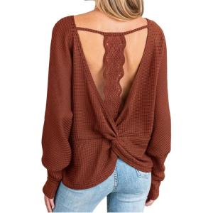 CUPSHE Women Open Back Long Sleeve Tops Trendy Going Out Casual Basic Shirts(Brown)