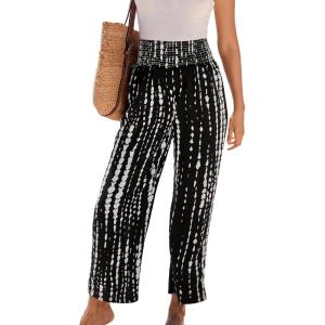 CUPSHE Women Pants Abstract Smocked Waist Long Pant Wide Leg Pant Casual(Black)