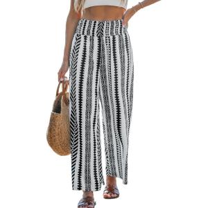 CUPSHE Women Pants Abstract Smocked Waist Long Pant Wide Leg Pant Casual(Black Stripes)