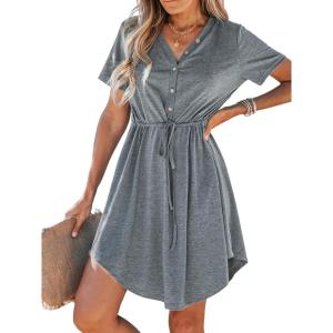 CUPSHE Women Summer Dresses Drawstring Button Front Short Sleeve V Neck Mini Dress Short Sleeve Sundress(Light Blue)