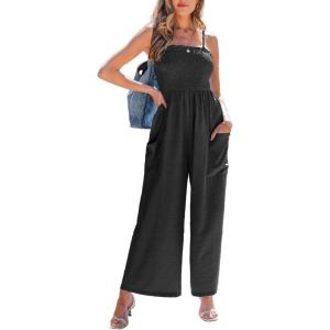 CUPSHE Women Summer Jumpsuit with Pocket Square Neck Spaghetti Strap Smocked Bodice Backless Overall Wide Leg Casual Romper(Black)