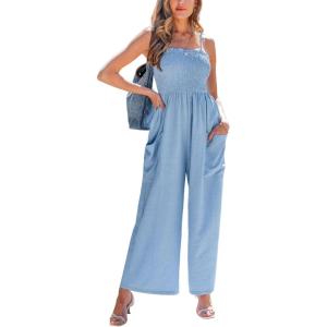 CUPSHE Women Summer Jumpsuit with Pocket Square Neck Spaghetti Strap Smocked Bodice Backless Overall Wide Leg Casual Romper(Blue)