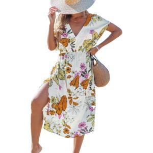 CUPSHE Women Swimsuit Cover Up Midi V Neck Short Sleeve Tropical Beach Coverup Dress(Beige Floral)