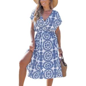 CUPSHE Women Swimsuit Cover Up Midi V Neck Short Sleeve Tropical Beach Coverup Dress(Blue Floral)