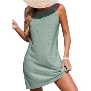 CUPSHE Women Swimsuit Cover Up Sleeveless Eyelet Mini Beach Dress for Swimwear(Sage Green)