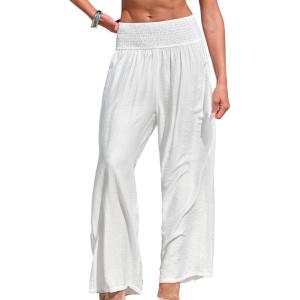 CUPSHE Women Swimsuit Cover Ups Pants High Waist Smokced Wide Leg Beach Vacation Outfits(White)