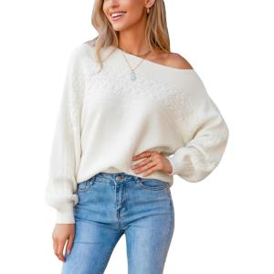 CUPSHE Women Trendy Knit Sweater 2025 Off Shoulder Long Dolman Sleeve Casual Top Soft Boatneck Pullover Fall Sweaters(Cream)