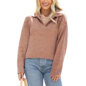 CUPSHE Women V Neck Sweater Tops Long Sleeves Top Knit Pullover Sweater Casual(Brown)