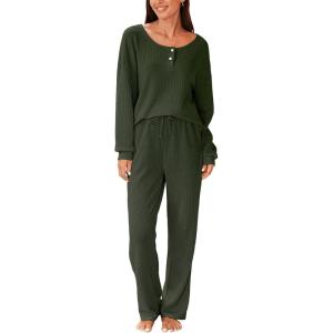 CUPSHE Women Waffle Knit Pajamas Set Long Sleeve Partial Button Soft 2 Piece Lounge Pjs Sets(Green)