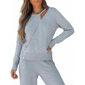 CUPSHE Womens Asymmetrical Cut Out Sweaters Fall Wrap Crewneck Sweater Long Sleeve Pullover Ribbed Knit Tops(Grey)
