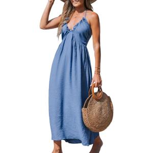 CUPSHE Women’s Backless Beach Dress Halter Neck Ruffle Plunge V Neck Sleeveless Maxi Sundress Summer Dresses(Blue)