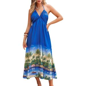 CUPSHE Women’s Backless Beach Dress Halter Neck Ruffle Plunge V Neck Sleeveless Maxi Sundress Summer Dresses(Blue City)