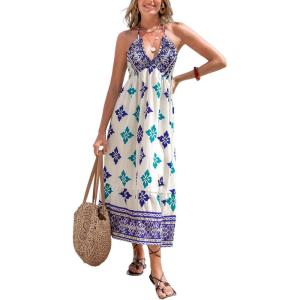 CUPSHE Women’s Backless Beach Dress Halter Neck Ruffle Plunge V Neck Sleeveless Maxi Sundress Summer Dresses(Blue White Patterned)