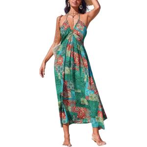 CUPSHE Women’s Backless Beach Dress Halter Neck Ruffle Plunge V Neck Sleeveless Maxi Sundress Summer Dresses(Green Boho)