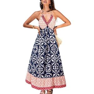 CUPSHE Women’s Backless Beach Dress Halter Neck Ruffle Plunge V Neck Sleeveless Maxi Sundress Summer Dresses(Navy Blue Boho)