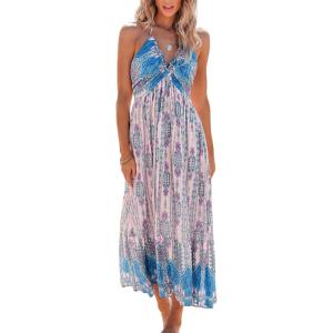 CUPSHE Women’s Backless Beach Dress Halter Neck Ruffle Plunge V Neck Sleeveless Maxi Sundress Summer Dresses(Paisley Pink)