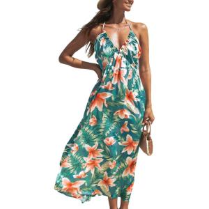 CUPSHE Women’s Backless Beach Dress Halter Neck Ruffle Plunge V Neck Sleeveless Maxi Sundress Summer Dresses(Tropical Floral Green)