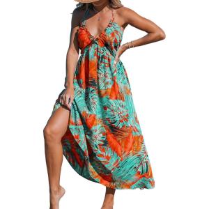 CUPSHE Women’s Backless Beach Dress Halter Neck Ruffle Plunge V Neck Sleeveless Maxi Sundress Summer Dresses(Tropical Green)