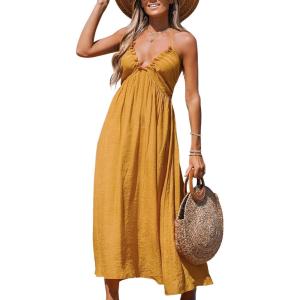 CUPSHE Women’s Backless Beach Dress Halter Neck Ruffle Plunge V Neck Sleeveless Maxi Sundress Summer Dresses(Yellow)