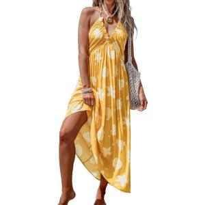 CUPSHE Women’s Backless Beach Dress Halter Neck Ruffle Plunge V Neck Sleeveless Maxi Sundress Summer Dresses(Yellow Seashell)