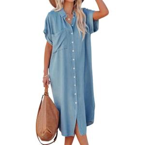 CUPSHE Women’s Beige & Red Solid Color Bell Sleeve V-Neck Short Sleeve Button Down A-Line Midi Dress with Slit Hem & Fitted Waist – XS to XL
