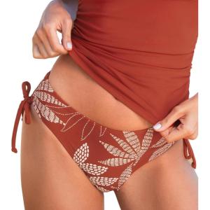 CUPSHE Women’s Bikini Bottoms Mid Rise Adjustable Drawstings Full Coverage Swimsuit Only Bottoms(Brick Red Leaf)