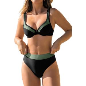 CUPSHE Women’s Bikini Sets Two Piece Bathing Suit High Waisted Underwire Wide Adjustable Straps Color Block Back Hook(Black/Green)
