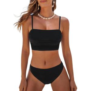 CUPSHE Women’s Bikini Sets Two Piece Swimsuit Bandeau Top Square Neck Mid Rise Ruched Bathing Suit Spaghetti Straps(Black)