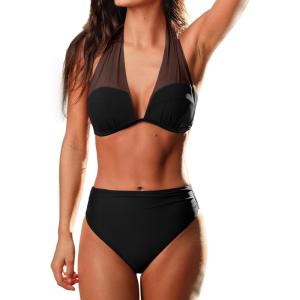 CUPSHE Women’s Bikini Sets Two Piece Swimsuit High Waisted Bandeau Mesh Halter Tummy Control Back Hook Bathing Suit(Black)