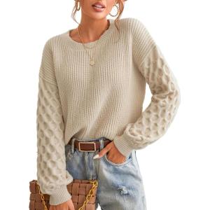 CUPSHE Women’s Cable Knit Sweater Long Sleeve Crew Neck Sweaters Fall Pullover Sweater Tops(Beige)