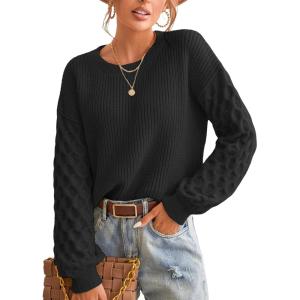 CUPSHE Women’s Cable Knit Sweater Long Sleeve Crew Neck Sweaters Fall Pullover Sweater Tops(Black)
