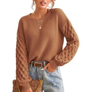 CUPSHE Women’s Cable Knit Sweater Long Sleeve Crew Neck Sweaters Fall Pullover Sweater Tops(Brown)