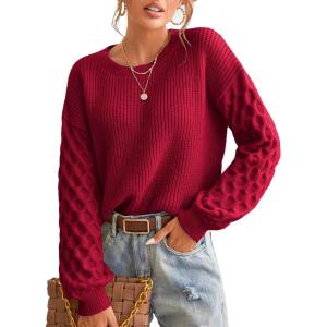 CUPSHE Women’s Cable Knit Sweater Long Sleeve Crew Neck Sweaters Fall Pullover Sweater Tops(Dark Red)